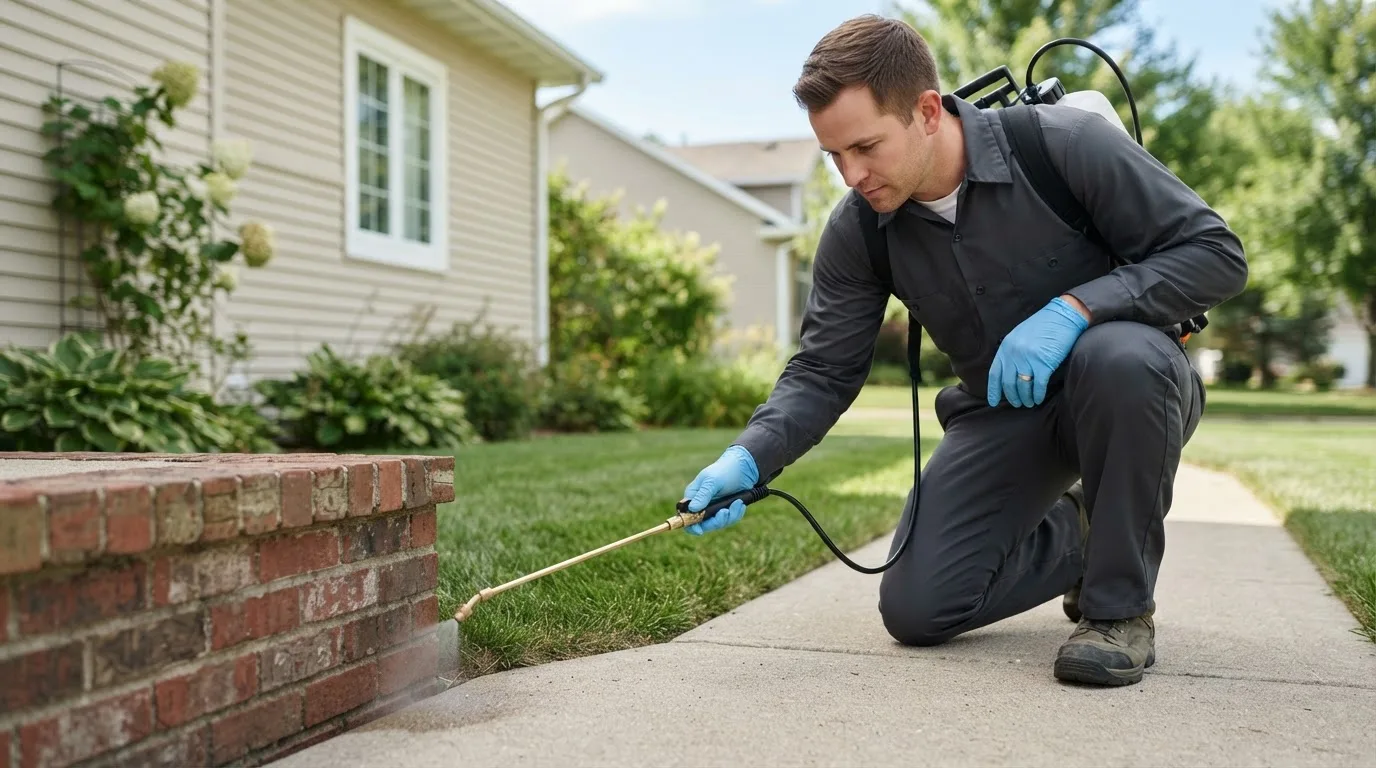 Pest control technician treating a home near Hanover, ME